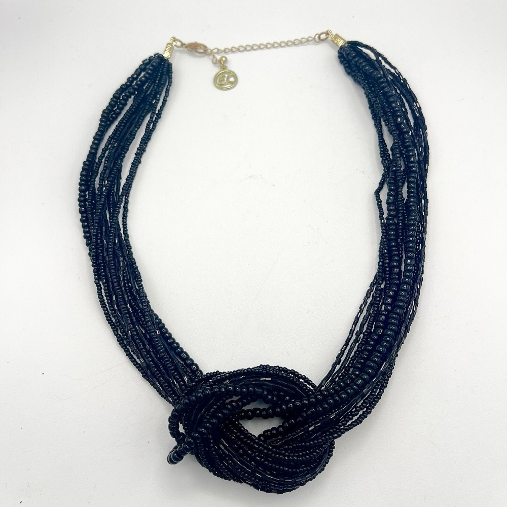 Erica Lyons Black Beaded Necklace Knot Multi-Strand Chunky 24"